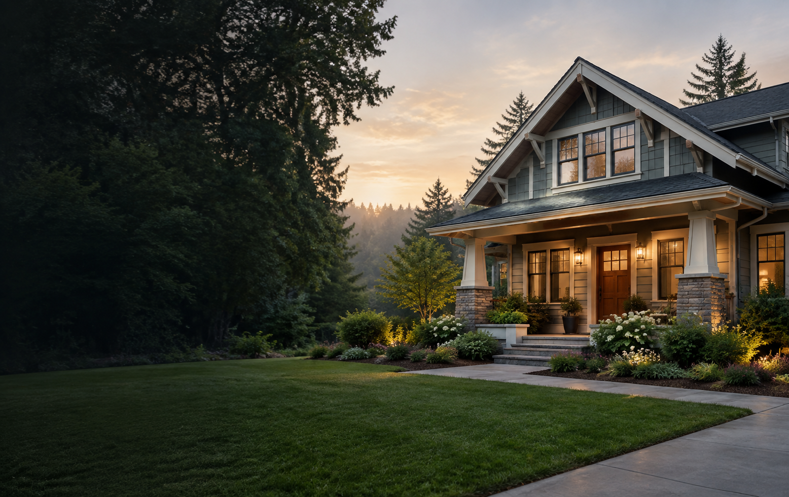 A well-maintained home surrounded by mature landscaping.